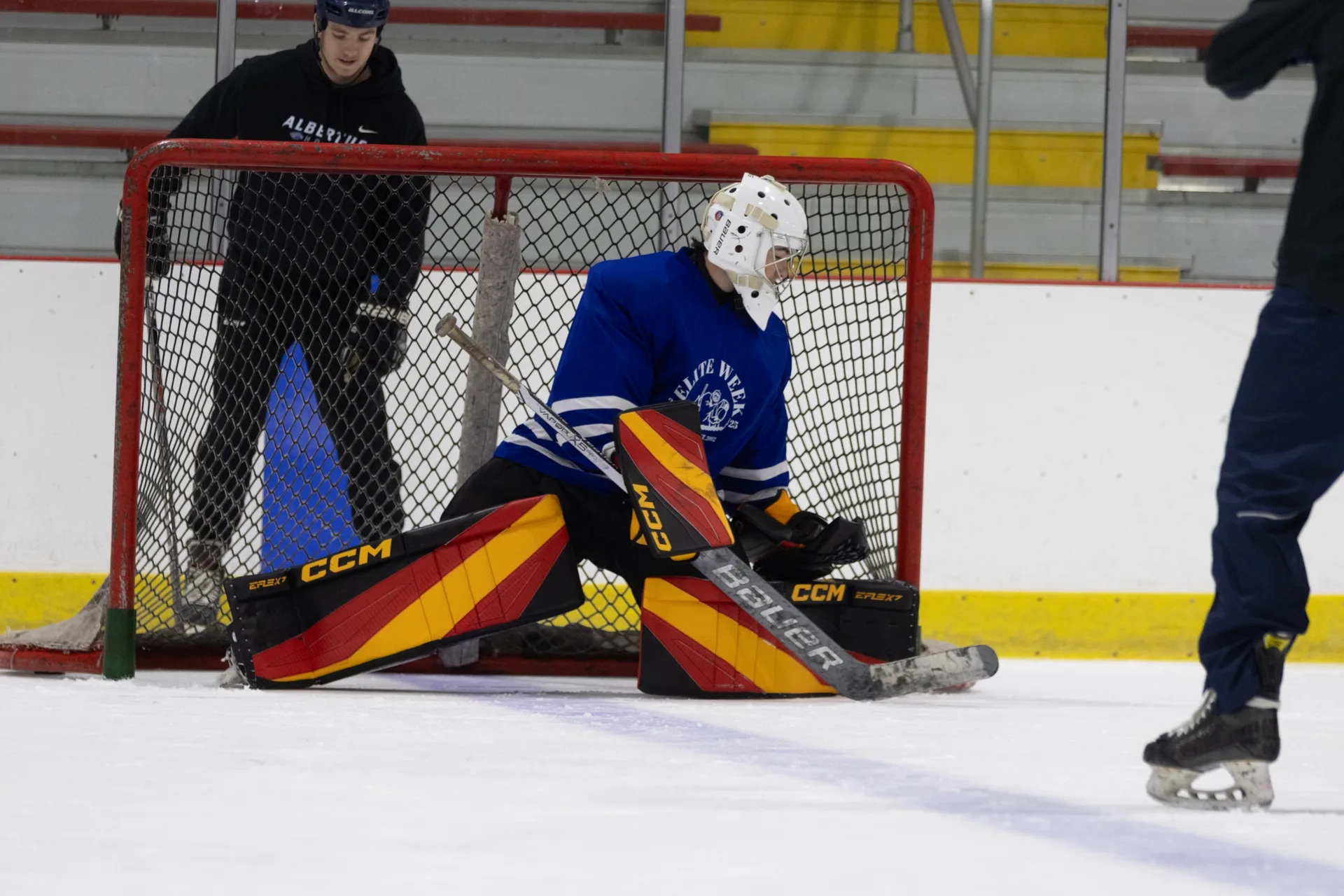 Goalie in butterfly position during a Connecticut Crease training session