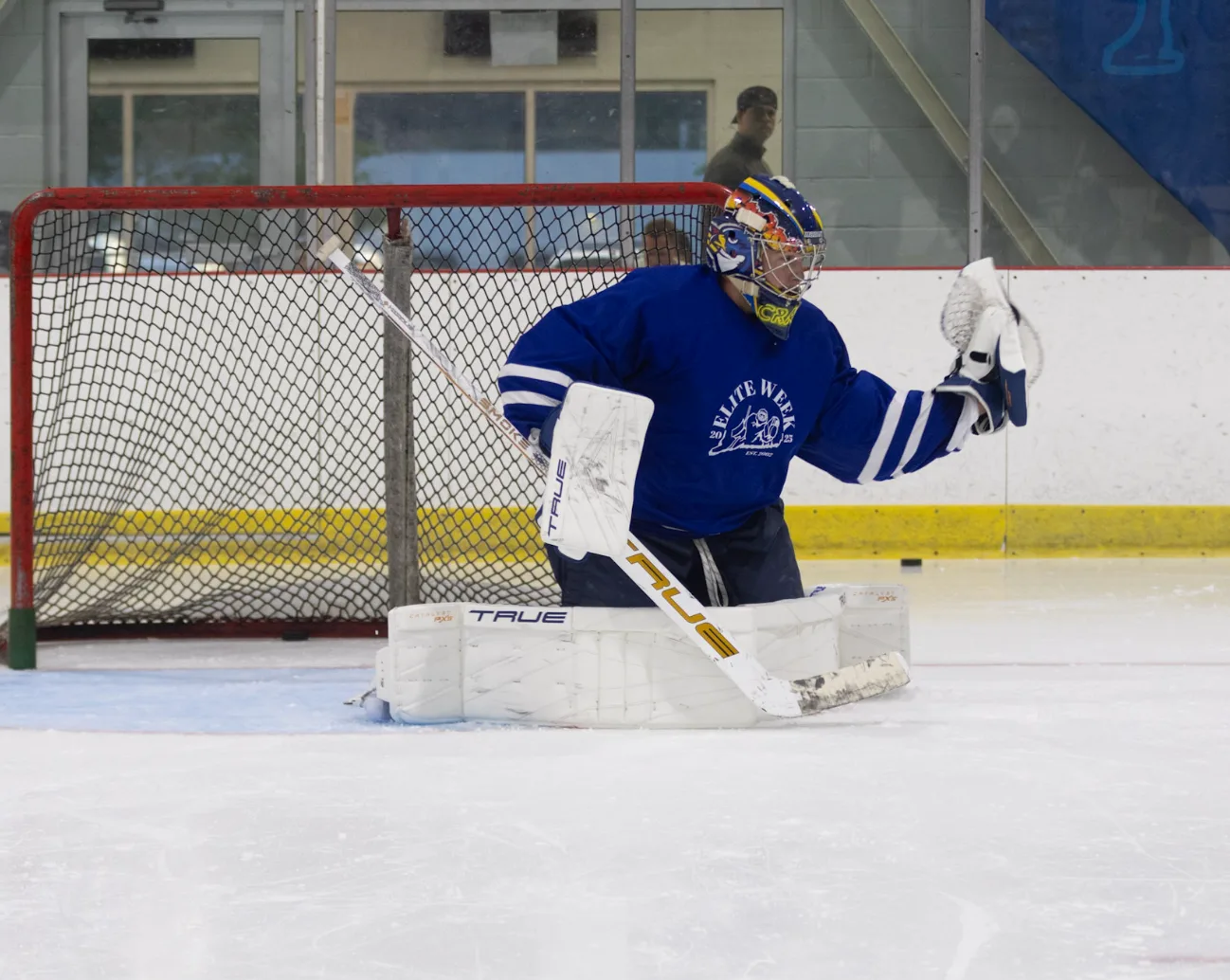 Goalie making a save at camp